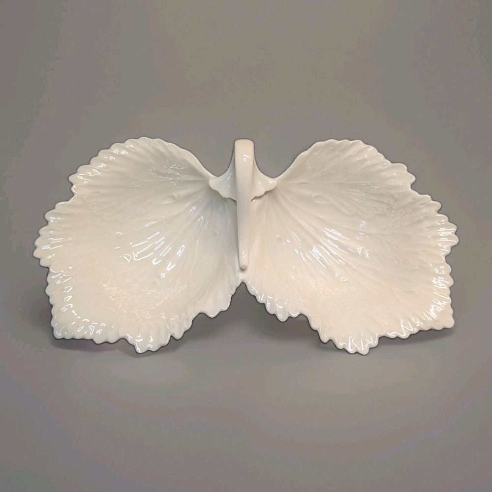 Lenox Double Leaf Candy Dish Two Side Cream Veined Double Leaf USA MCM